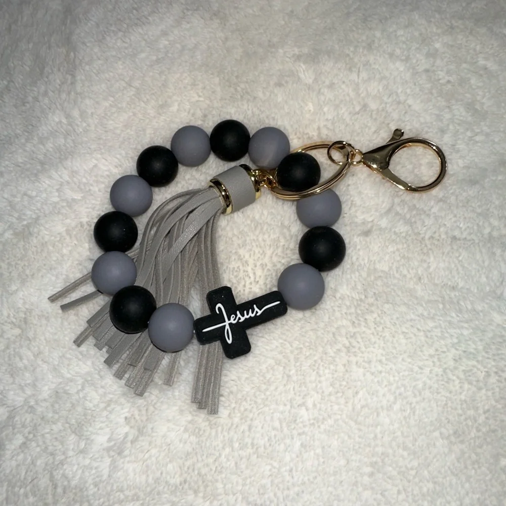 Wristlet Keychain Jesus Cross Tassel Black & Gray Beaded Keychain Bracelet NWT